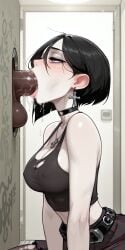 1boy 1girls ai_generated asymmetrical_hair belt black_hair blowjob blush bob_cut choker cleavage close_up cross cross_earrings cross_necklace dark-skinned_male dark_skin deepthroat drooling face_focus female glory_hole goth goth_girl grey_eyes hair_between_eyes half-closed_eyes indoors interracial kneeling large_penis midriff molamaxuy on_floor original_character pale-skinned_female pale_skin penis plaid_skirt profile public_restroom ripped_clothing saliva saliva_trail short_hair side_view solo_focus stockings straight tank_top testicles tongue_out upper_body veiny_penis