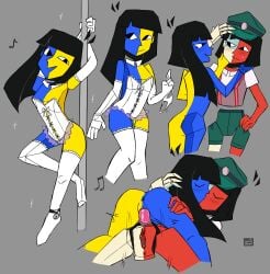 ankle_bracelet anus ass black_hair blue_body blush bodily_fluids bow closed_eyes collar dancing dildo dream_bbq duo ena ena_(dream_bbq) ena_(series) female female/female hair hand_on_hip hat headwear kissing lace lesbian_sex long_gloves looking_aside motion_lines multicolored_body musical_note neckwear open_mouth panties panties_removed partially_clothed penetration peruvian_female pole pole_dancing polygon polygonal pussy pussy_juice red_body saleslady shorts smile sparkles spec_almond_(artist) stockings strap-on stripper_pole suspenders thighhighs two-tone_body vulva white_body yellow_body yuri