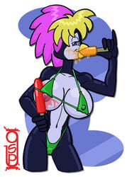 anthro avian beak bikini bird blonde_hair breasts clothed clothing erect_nipples female greg_panovich hair looking_at_viewer multicolored_hair nekkie_niceburgs nipple_bulge nipples penguin pink_hair plain_background popsicle solo sucking swimsuit