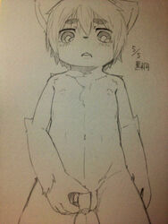 1boy anthro balls big_eyes chubby cute eyebrows hair holding_penis humanoid_penis kemono looking_down male male_only monochrome navel nipples nude peeing penis penis_grab plain_background sirotae_konnta sketch small_penis solo uncut young