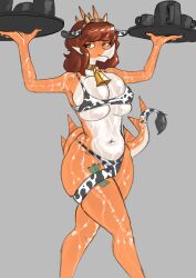 2025 absurd_res animal_print animal_print_bikini anthro aquilops big_breasts bikini bodily_fluids breast_squish breasts brown_hair bulging_breasts cavemanon_studios ceratopsian clothed clothing collar cow_print cow_print_bikini cowbell cowbell_collar curvy_figure digital_drawing_(artwork) digital_media_(artwork) dinosaur eyelashes facial_horn fake_cow_ears fake_cow_horns fake_ears fake_horns female glistening glistening_body glistening_scales goodbye_volcano_high grey_background head_spikes hi_res horn huge_breasts ko_op_(game_developer) long_hair long_tail marginocephalian multicolored_body multicolored_scales navel nose_horn orange_body orange_eyes orange_scales ornithischian pattern_bikini pattern_clothing pattern_swimwear prehistoric_species reptile rosa_(gvh) sakamtosng scales scalie simple_background skimpy skimpy_bikini snoot_game solo spiked_tail spikes spikes_(anatomy) squish sweat sweatdrop swimwear tail tan_body tan_scales thick_thighs two-piece_swimsuit two_tone_body two_tone_scales voluptuous voluptuous_anthro voluptuous_female waiter wide_hipped_anthro wide_hipped_female wide_hips