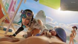 1boy 2girls 3d blue_hair eyewear_on_head female light_skin looking_at_partner looking_at_viewer luna_snow luna_snow_(cool_summer) luna_snow_(marvel_rivals) male marvel marvel_comics marvel_rivals one-piece_swimsuit pensubz pov psylocke psylocke_(sai)_(breezy_butterfly) short_hair straight sunglasses swimsuit two-tone_hair white_hair x-men