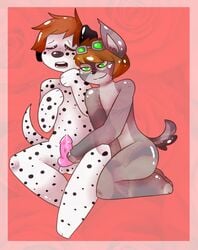 anthro balls blush brown_hair bruises canine canine closed_eyes cum dalmatian duo eyewear feline gay goggles green_eyes hair handjob hindpaw knot lynx mak male mammal nipples open_mouth paws penis