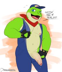 4_fingers amphibian anthro areola artist_name balls baseball_cap biped black_clothing black_gloves black_handwear blue_baseball_cap blue_clothing blue_eyes blue_hat blue_headwear blue_jumpsuit blush blush_lines bodily_fluids bulge clothed clothed_anthro clothed_male clothing colored countershade_face countershade_torso countershading dialogue english_text fingerless_gloves fingers flat_colors flying_sweatdrops foreskin frog genitals glans gloves green_body half-erect handwear handwritten_text hat headgear headwear hi_res humanoid_genitalia humanoid_hands humanoid_penis jumpsuit kerchief looking_at_viewer male male_anthro narrowed_eyes navel neckerchief neckwear nintendo nipples non-mammal_balls non-mammal_navel non-mammal_nipples open_clothing open_jumpsuit open_mouth open_smile patreon patreon_logo patreon_username penis pink_areola pink_glans pink_nipples pink_penis pink_tongue portrait red_kerchief red_neckerchief simple_background sketch slightly_chubby slightly_chubby_anthro slightly_chubby_male slippy_toad smile smiling_at_viewer solo spelunker_sal standing star_fox sweat sweatdrop talking_to_viewer text three-quarter_portrait three-quarter_view tongue undressing unretracted_foreskin vein veiny_penis