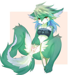 2014 anthro black_nose blue_hair blush brown_eyes canine clothed clothing costom10 cum cum_in_pussy cum_inside female fox fur green_fur hair looking_at_viewer mammal open_mouth panties panties_down pussy reclining sitting solo underwear white_fur