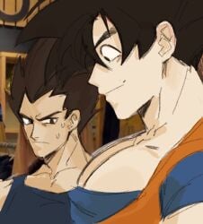 bara big_breasts breasts coffezitos dragon_ball dragon_ball_super dragon_ball_z gay girl_staring_at_guy's_chest goku male/male male_only male_tits son_goku vegeta yaoi