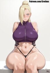 ai_generated bare_shoulders black_panties blonde_hair blue_eyes blush breasts crop_top erothus female hair_over_one_eye ino_yamanaka large_breasts looking_at_viewer naruto naruto:_the_last naruto_(classic) naruto_(series) navel panties ponytail sitting solo thick_thighs thighs thong underwear