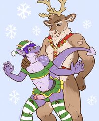 anthro antlers balls bell big_dom_small_sub bulge cervine chest_tuft chewycuticle christmas clothed clothing crossdressing deer dragon duo elf_(christmas) erection from_behind fur furred_dragon gay girly harness holidays horn khris_dragon male mammal nude penis reindeer sex size_difference skirt tattoo tuft uncut