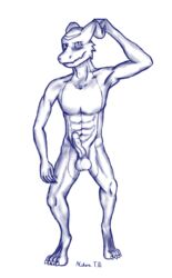 1boy 4_toes 5_fingers abs anthro balls bandai blue_and_white digimon digitigrade erection flamedramon giancarlo_rosato hand_behind_head male male_only monochrome muscles nihonthedragon nude pecs penis plain_background raised_hand shaded solo standing toes uncut white_background