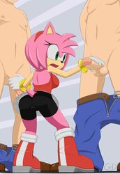 2014 amy_rose anthro ass balls breasts cameltoe clothing erection eyeless_male female gevind group handjob hedgehog human human_on_anthro interspecies male male_human/female_anthro male_on_anthro mammal nude penis sega sex sonic_(series) straight tight_clothing