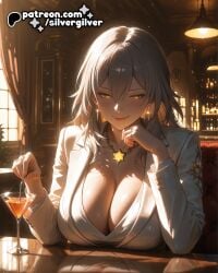 aesthetic aesthetic_lighting ai_art ai_generated antique_bar_counter arm_on_table bedroom_eyes big_breasts breasts chiaroscuro cinematic_blur cinematic_lighting cleavage cocktail cocktail_glass confident_expression dark dark_lighting depth_of_field detailed_face detailed_textures dim_atmosphere dim_lighting earrings exposed_chest female film_grain glowing_bottles high_quality high_resolution highres honkai:_star_rail huge_breasts large_breasts looking_at_viewer low-angle_view luxurious_lounge_interior martini martini_glass natural_interaction numerous_gold_accessories patreon patreon_ad patreon_artist patreon_exclusive patreon_link patreon_logo patreon_url patreon_username photorealistic_shading playful raytracing realistic_skin_texture rich_velvet_sofa rings seductive seductive_smirk silvergilver smile soft_highlights_on_skin soft_light_diffusion solo star-shaped_brooches stelle_(honkai:_star_rail) subsurface_scattering suit_jacket ultra-detailed v-neck v-neck_shirt volumetric_lighting warm_ambient_light