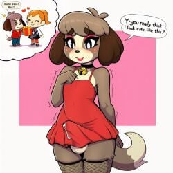 ai_assisted ai_generated animal_crossing animal_crossing_girl anthro balls bell boner_under_clothes brown_fur bulge canid canine canis choker crossdressing digby_(animal_crossing) domestic_dog dress english_text erection femboy feminization kokenaart lipstick makeup male male_only precum precum_through_clothing request shaking