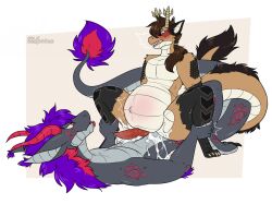 anal anal_sex anthro arm_markings arm_tuft ass blue_eyes blush blush_stickers bodily_fluids brown_hair claws countershading cowgirl_position cum cum_drip cum_in_ass cum_inside cum_on_butt cum_on_self dragon dripping duo ear_tuft eastern_dragon elbow_tuft emanata eye_contact facial_markings from_front_position genital_fluids genitals grey_body hair hayato_tatsuhara head_markings hi_res horn inflation inflation knot knotted_penis leg_markings looking_at_another lying male male/male markings mythological_creature mythological_scalie mythology navel nude_anthro nude_male on_back on_bottom on_top open_mouth outie_navel penetration penile penile_penetration penis penis_in_ass pink_eyes purple_hair red_horn sadkoinu scalie scotty_sheppard sex shoulder_markings shoulder_tuft spread_legs spreading tail tail_markings tail_tuft toe_claws tongue tongue_out tuft white_body white_countershading white_inner_ear yellow_claws