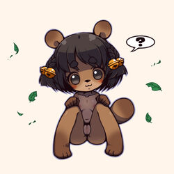 ? black_eyes black_hair breasts brown_fur female fur hair kemono leaf mammal nipples nude omunikin pussy raccoon solo