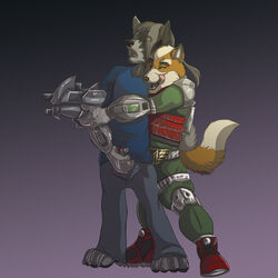 anthro canine duo fox_mccloud gun handjob ifus male mammal multiple_males nintendo penis ranged_weapon star_fox video_games weapon yaoi ziude_(character)