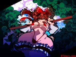 2025 artist_name background big_breasts big_thighs bikini bikini_bottom bikini_top black_border breasts brown_hair curvy curvy_female curvy_figure female hair_ribbon holding_object human light-skinned_female light_skin looking_at_viewer looking_down looking_down_at_viewer low-angle_view outdoors pixel_art red_bikini red_eyes reimu_hakurei revealing_clothes sky tamaco thick_thighs thighhighs touhou trees wide_hips