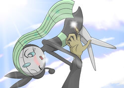 24651 blue_eyes blush disembodied_hand dress duo female fingering green_hair hair human internal long_hair mammal meloetta nintendo one_eye_closed open_mouth pokemon pussy solo_focus tears video_games