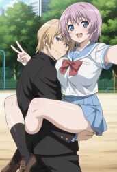 1boy 1girls accurate_art_style ai_generated anime_style ass_grab big_breasts blonde_hair blue_eyes blush bowtie boyfriend-girlfriend breasts busty carrying carrying_partner classmates clothing crossed_legs cuddling day exhibitionism gakuran hair_ornament hairclip hand_under_clothes hand_under_skirt happy happy_female high_resolution ichinose_anna implied_fingering implied_sex jacket leg_lock loafers no_panties no_panties_under_skirt open_mouth outdoors pants park peace_sign petite petite_female playground pleated_skirt posing posing_for_picture public_exposure public_indecency ran_sem ran_sen_hakudaku_delmo_tsuma_no_miira_tori rin_x_sen_+_ran_-_sem_cross_mix sailor_collar sailor_uniform school_uniform schoolgirl selfie sexually_suggestive shirt short_hair skirt smile socks stand_and_carry_position suggestive suggestive_pose suggestive_posing taking_selfie teen teenage_couple teenage_female teenage_girl teenage_male uncensored v_sing zettai_ryouiki