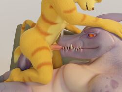 3d_(artwork) alien anal anal_sex anthro ass balls digital_media_(artwork) duo erection face_fucking fellatio fellatio_while_penetrated fellatio_while_penetrating from_front_position fur genitals hand_on_head hi_res humanoid_genitalia humanoid_penis irrumatio kneeling larger_penetrated lombax lying male male/male male_penetrated male_penetrating male_penetrating_male mammal no-name-no-problem nude on_back oral oral_penetration penetration penile penile_penetration penis penis_in_mouth ratchet_(ratchet_and_clank) ratchet_and_clank reptile scalie sex simple_background size_difference smaller_penetrated sony_corporation sony_interactive_entertainment stripes tail teeth thugs-4-less yellow_body yellow_fur