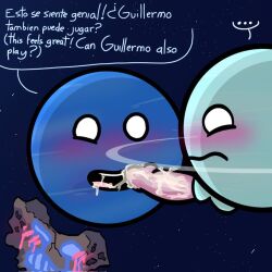 2boys accurate_art_style after_oral big_penis blush blush_lines blushing cum cum_in_mouth cum_on_penis dialogue english_text guillermo_(solarballs) knotted_penis male male/male male_on_male male_only neptune_(solarballs) non-human oral penis penis_in_mouth penis_out planet sex solarballs space space_background spanish_text speech_bubble tagme text uranus_(solarballs) waddling_head