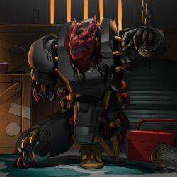 1:1 2025 2_horns absurd_res anal anal_sex anthro anthro_penetrated armor black_hair blood blood_from_mouth blood_in_mouth blue_eyes bodily_fluids breastplate broken_arm broken_armor broken_legs clenched_teeth crate cuff_(restraint) cuisse dildo dildo_sitting dragon ear_frill frill_(anatomy) hair handcuffed handcuffs hi_res horn inside lip_scar long_hair machine male male_penetrated metal_cuffs mythological_creature mythological_scalie mythology penetration power_armor red_body red_horn red_scales restraints saberzelgrath scales scalie sex_toy solo spiked_dildo spiked_sex_toy spikes teeth toolbox vambrace warehouse