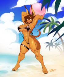 1girls 2d abs abs_focus anthro armpits arms_behind_head arms_up beach big_breasts bikini black_bikini black_nose black_swimsuit breasts brown_fur brown_hair brown_skin canine doberman dobermann dog_girl dog_knight_rpg female female_focus female_only fitness furry hi_res huge_breasts kittbetelgeuse large_breasts muscular_female open_mouth rory_(ceehaz) serious short_hair sling_bikini slingshot_swimsuit solo sweat sweaty_body swimsuit
