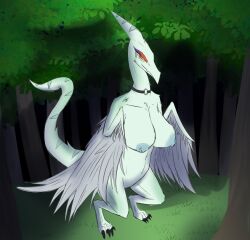 anthro big_breasts biped breasts cavemanon_studios collar collar_only dinosaur eyeshadow fang_(gvh) feathers featureless_crotch female forest goodbye_volcano_high ko_op_(game_developer) makeup nude plant prehistoric_species pterodactylus pterosaur reptile scalie semi-anthro snoot_game solo standing tail theumslayer tree wings