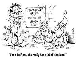 absolute_cleavage barbarian big_breasts breasts chuck_whelon cleavage cranky grumpy half-orc high_heel_boots horned_helmet human sword wizard wizard_hat wizard_robe