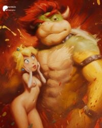 abs ai_generated blonde_hair bowser bowser_peach bowser_showing_his_painting breasts buff daraiio human interspecies male mammal mario_(movie) mario_(series) mario_bros muscular_male naked naked_woman nintendo nintendo_switch nipples nude_filter princess princess_peach red_hair redraw reptile super_mario_galaxy_(2026_film) turtle