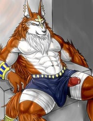 1boy abs anthro bandage biceps black_nose brown_fur canine claws clothed clothing cum cum_string ear_piercing erection eurobeat fangs fur half-dressed leaking looking_at_viewer male male_only mammal muscles nipples orange_eyes pecs penis piercing pose precum set_(puzzle_and_dragons) sitting smile solo teeth toned topless white_fur