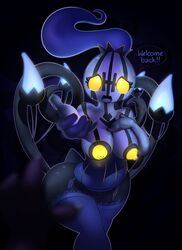 2014 anthro areola big_breasts breasts chandelure chubby disembodied_hand duo elpatrixf female fire legwear looking_at_viewer nintendo nipples nude pokemon pussy solo_focus stockings tears thigh_highs video_games yellow_eyes yellow_nipples