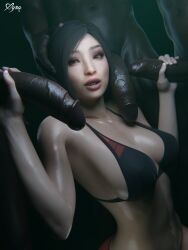 1girls 3boys 3d 3d_(artwork) ada_wong ada_wong_(adriana) asian asian_female bikini_top black_hair blacked_asian capcom clothed_female_nude_male dark-skinned_male dark_skin female foreskin generic_dark-skinned-muscular_male hand_on_head handjob interracial large_penis looking_at_viewer penis resident_evil ricebunny shiny_skin surrounded_by_men surrounded_by_penises uncut veiny_penis xyra3d