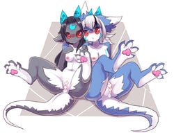 abstract_background anthro anus black_fur black_hair blue_fur blush breasts censored claws costom10 dragon duo female fur hair hindpaw navel nipples nude pawpads paws pussy spreading white_fur white_hair