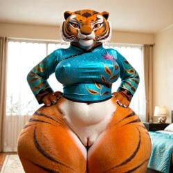 ai_generated bedroom big_breasts breasts china_dress female hands_on_hips huge_hips huge_thighs master_tigress micro_dress pussy solo