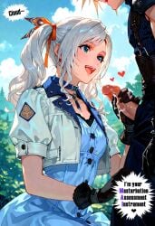 1boy 1girl aetera after_ejaculation ai_generated assisted_masturbation black_gloves black_pants black_turtleneck blonde_hair blue_collar blue_dress blue_eyes blue_sky blush blush_lines button_(fastener) clothed cloud_strife cloudy_sky collar cropped_jacket cum cum_on_hand cum_on_penis curly_hair english_text excited female final_fantasy final_fantasy_vii final_fantasy_vii_rebirth final_fantasy_vii_remake gloved_handjob gloves gray_hair hair_ribbon handjob handjob_with_gloves happy heart hearts_around_head jacket mai_(ff7) male nature nature_background necklace open_eyes open_jacket open_mouth orange_hair_ribbon penis print_ribbon short_sleeved_jacket short_sleeves side_view sleeveless sleeveless_turtleneck small_breasts speech_bubble spiked_hair square_enix text text_bubble trees turtleneck twintails wavy_hair white_hair white_jacket