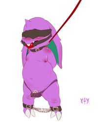 1boy ankle_cuffs anthro anthrofied ball_gag balls big_ears blindfold bondage bound bound_ankles chastity chastity_cage chastity_device chubby collar fully_bound furfit furry gag leash male male_chastity male_only moobs nidoran nidoran♂ nintendo nipples partially_retracted_foreskin penis pokemon see-through signature solo spreader_bar standing uncut unseen_character