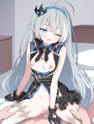 1boy 1girls absurdres ahoge arm_support bar_censor bed black_bow black_dress black_gloves blue_dress blue_eyes blue_hairband blunt_sidelocks blush bow breasts censored chinese_commentary clothed_female_nude_male clothed_sex clothing_cutout commentary cowgirl_position dated_commentary detached_collar double-parted_bangs dress female female_tyrant_(stella_sora) frilled_dress frilled_gloves frills glove_cutout gloves grey_hair hairband head_tilt highres indoors jewelry jyt key key_necklace light-skinned_female light-skinned_male light_skin long_hair looking_at_viewer male male_pov multicolored_hair navel necklace nipples nude oerba_yun_fang on_bed one_eye_closed open_clothes open_dress open_mouth paid_reward_available penis petite pillow pointy_ears pov pov_crotch pov_hands pussy sex sidelocks skin_fang small_breasts solo_focus spread_legs stella_sora straddling straight streaked_hair sweat symbol-shaped_pupils thigh_grab thighhighs tyrant_(stella_sora) vaginal_penetration very_long_hair white_streaks white_thighhighs