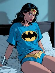 2025 ai_generated alexreforma1 batman_(series) bedroom_background black_eyebrows black_eyes_female black_hair_female blue_panties blue_shirt dc dc_comics female female_hero female_only female_superhero golden_headband house_background instagram long_hair_female looking_at_someone meta red_lips silver_bracelet sitting_on_bed wet_face woman_only wonder_woman wonder_woman_(series)