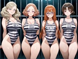 4girls ai_generated ann_takamaki chart haru_okumura leotard makoto_niijima multiple_girls one-piece_swimsuit persona persona_5 prison prison_uniform sakura_futaba sega take_your_pick