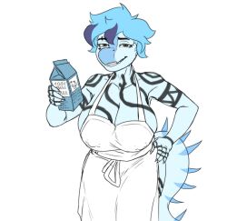 2024 5_fingers alpha_channel anthro apron arm_tattoo barbell_piercing baryonyx big_breasts biped blue_body blue_hair blue_scales breasts chest_tattoo claws clothed clothed_anthro clothed_female clothing colored container dinosaur female finger_claws fingers front_view goodbye_volcano_high got_milk? grey_eyes half-closed_eyes hi_res holding_object huge_breasts humanoid_hands long_tail looking_at_viewer markings meme milk_carton milk_container narrowed_eyes nick_(gvh) nipple_outline nipple_piercing nipples non-mammal_breasts non-mammal_nipples piercing portrait prehistoric_species prometheuzone reptile scales scalie seductive short_hair simple_background smile solo spiked_tail spikes spikes_(anatomy) spinosaurid striped_markings stripes tail tattoo theropod three-quarter_portrait transparent_background white_apron white_clothing