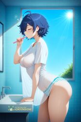 ahoge ai_generated aimoonshine arched_back arm_support ass baggy_clothing bathroom belle_(zenless_zone_zero) blue_hair blue_panties blue_sky blush breasts brushing_teeth bush closed_eyes cowboy_shot day faucet female female_only from_side holding holding_toothbrush indoors leaning_forward loose_clothes medium_breasts messy_hair mihoyo mirror morning no_bra no_bra_under_clothes no_pants oversized_clothes paid_reward_available panties profile see-through see-through_shirt see-through_silhouette shirt short_hair short_sleeves sink sleepy solo solo_female squeans standing striped_clothes striped_panties sun sunlight t-shirt thick_thighs thighs tile_wall tiles tired toothbrush underwear waking_up white_panties white_shirt window zenless_zone_zero