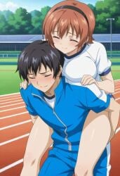 1boy 1girls accidental_circumstance accurate_art_style ai_generated alternate_costume anime_style bare_legs best_friends big_breasts black_hair bloomers blush breast_press breasts breasts_against_back breasts_on_back busty carrying carrying_on_back carrying_partner classmates clothing ecchi embarrassed friends_with_benefits gentle gentle_smile gym_clothes gym_uniform hair_ornament hairband hands_on_legs hands_on_shoulders helping holding_legs hugging hugging_from_behind in_love injured injury jumpsuit leg_hold looking_at_another looking_at_partner mizushima_kaho orange_hair outdoors pants petite petite_female piggyback pixie_cut race_track revealing_clothes rin_x_sen rin_x_sen_+_ran_-_sem_cross_mix secretly_loves_it sexually_suggestive shirt short_hair shorts shy smile sport_festival sports_uniform suggestive suggestive_pose suggestive_posing teen teenage_boy teenage_couple teenage_female teenage_girl teenage_male teenager thighs track_jacket track_pants track_suit turned_on unaware uncensored
