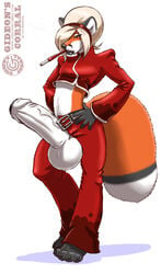 anthro ash_crimson canine cigarette cigarette_holder clothed clothing cosplay cox femboy fox fur gideon gigantic_penis gigantic_testicles girly hairband hands_on_hips hung_trap hyper king_of_fighters lips male male_only mammal penis penis_through_fly solo testicles trap