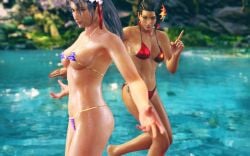 2girls 3d 3d_(artwork) 3d_model asian asian_female azucena_milagros_ortiz_castillo bare_shoulders barefoot behind_another bikini brown_skin brown_skinned_female depth_of_field female female_only japanese jun_kazama kazama_jun light-skinned_female light_skin looking_at_viewer micro_bikini mod namco namco_bandai peruvian peruvian_female smiling tekken tekken_8 water