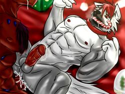 abs anthro biceps candy_cane canine christmas cum cumshot duo eurobeat fur furry furry_only gay hair holidays male mammal muscles nipples orgasm pecs penis red_eyes white_fur