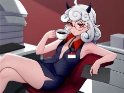 1girls ai_generated armpits breasts demon demon_girl demon_horns demon_tail female female_only glasses helltaker medium_hair pandemonica_(helltaker) red_eyes small_breasts solo white_hair