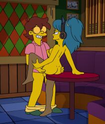 accurate_art_style ass_grab blue_hair brown_hair fortnite from_front_position glasses hope_(fortnite) leg_grab legs_up lisnotsfw looking_at_another male/female negativecrash netorare ntr on_model on_table pants_down ponytail self_insert shirt simpsons_hope_(fortnite) the_simpsons yellow_skin