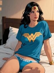 2025 ai_generated alexreforma1 bedroom_background black_eyebrows black_eyes_female black_hair_female blue_panties blue_shirt dc dc_comics exposed_panties female female_hero female_only female_superhero golden_bracelet golden_headband house_background instagram looking_around meta red_lips sitting_on_bed wonder_woman wonder_woman_(series)