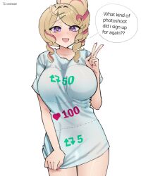 1girls artist_name blonde_hair blush breasts cheesiestgirl english_text female female_only gyaru hairclips heartsync huge_breasts light-skinned_female light_skin like_and_retweet like_icon open_mouth painted_nails pink_hair pink_nails purple_eyes retweet_icon seina_olena shirt solo speech_bubble text two-tone_hair virtual_youtuber