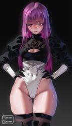 1girls 4:7 absurdres big_breasts black_gloves black_thighhighs breasts cleavage_cutout clothing_cutout commentary cosplay covered_navel cowboy_shot crossover crossover_cosplay female female_only fern_(sousou_no_frieren) gloves gluteal_fold gradient_background hands_on_own_hips highleg highleg_leotard highres instagram_logo instagram_username izei1337 juliet_sleeves legs_together leotard long_hair long_sleeves looking_down medium_breasts navel nier nier:_automata nier_(series) parted_lips puffy_sleeves purple_eyes purple_hair solo sousou_no_frieren standing thigh_gap thighhighs twitter_username twitter_x_logo very_long_hair white_leotard yorha_2b_(cosplay)